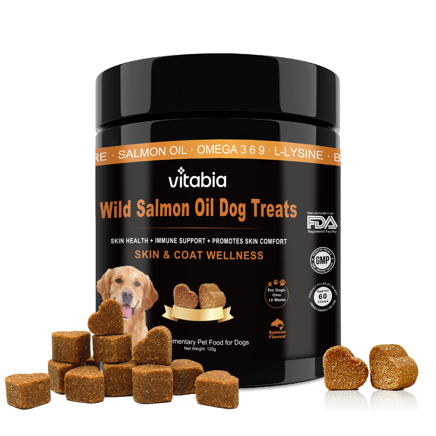 Salmon Oil Chews for Dogs – Omega 3, 6 & 9 Skin, Coat & Immune Support with Probiotics | Vitabia UK