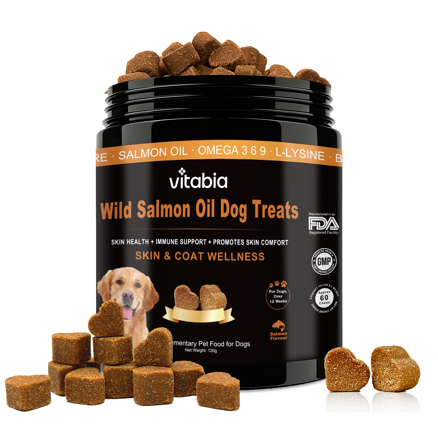 Salmon Oil Chews for Dogs – Omega 3, 6 & 9 Skin, Coat & Immune Support with Probiotics | Vitabia UK