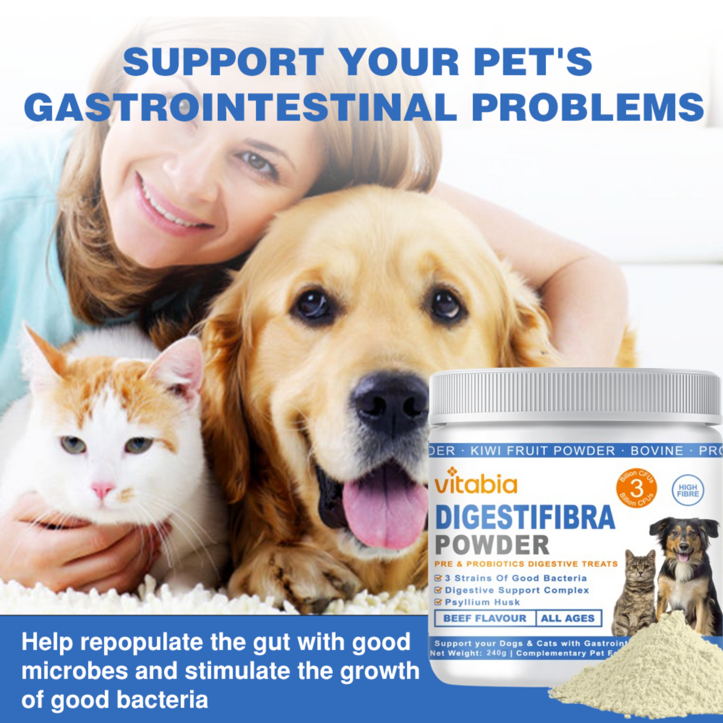 DigestiFibra Powder for Dogs & Cats – Natural Fibre Powder Supplement for Gut Health, Anal Glands & Scooting Relief – Prebiotic & Probiotic Digestive Treats – Fibre Supplement for Dogs & Cats