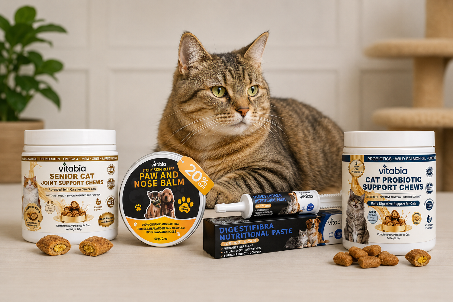 Vitabia Senior Cat Joint Support Chews with Glucosamine, Chondroitin, and Omega-3 in a white jar, next to two soft-core chicken-flavored treats.