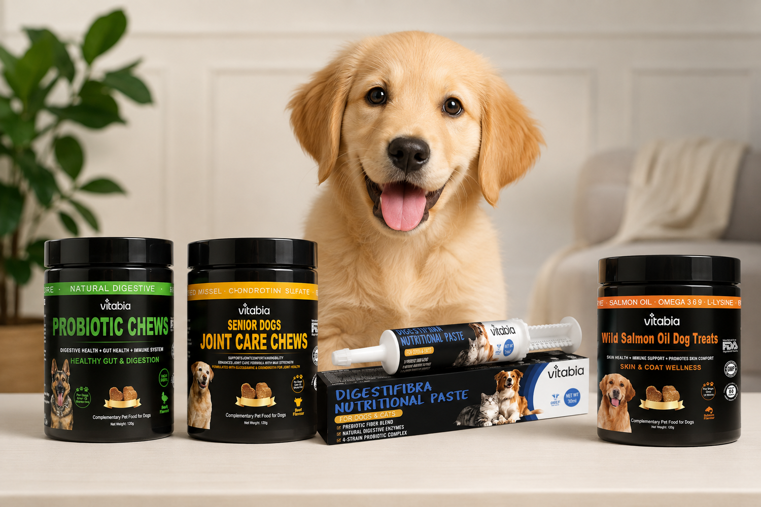 A golden retriever sits behind a set of veterinary pet care products on a white table, including three black jars and a syringe of Vitabio digestive paste and joint care chews.