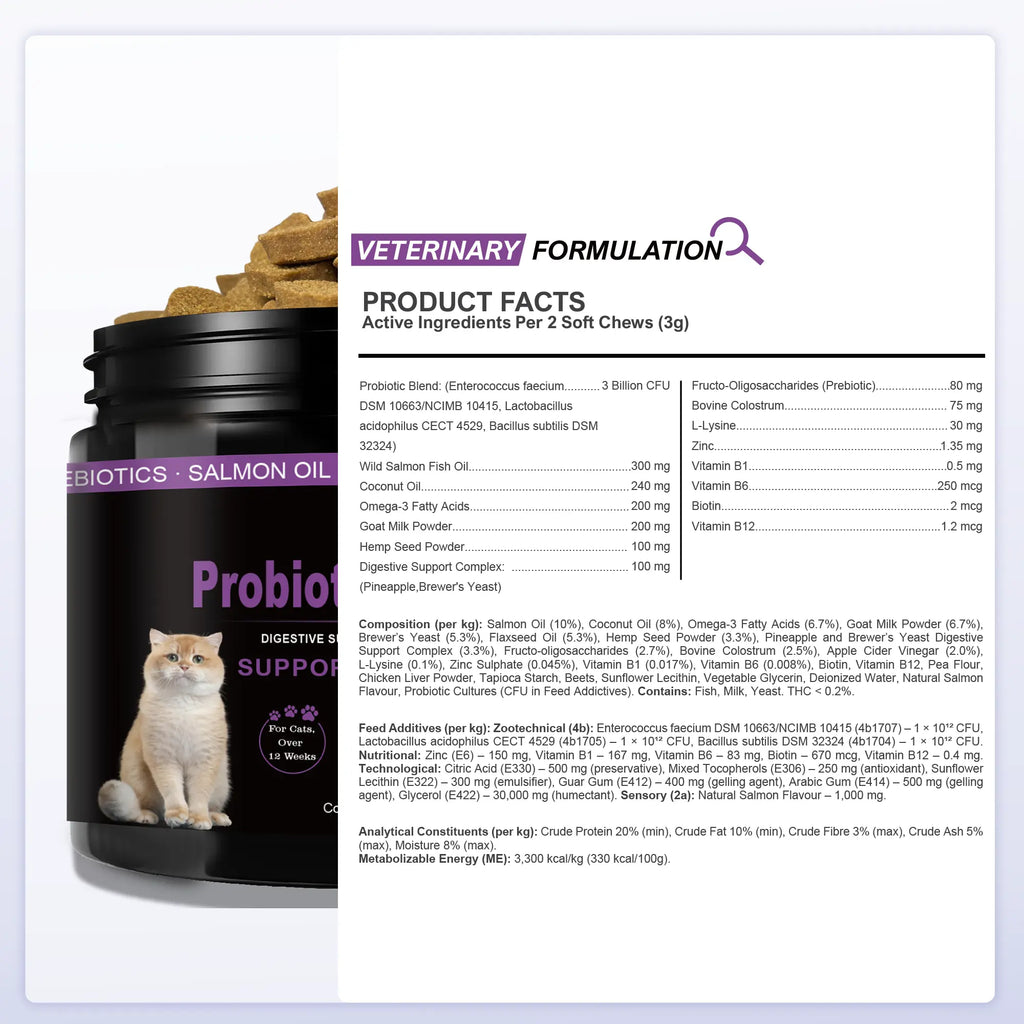 Probiotics for Cats with Lysine & Omega 3 – Skin, Coat, Digestive & Immune Support Soft Chews | Vitabia UK