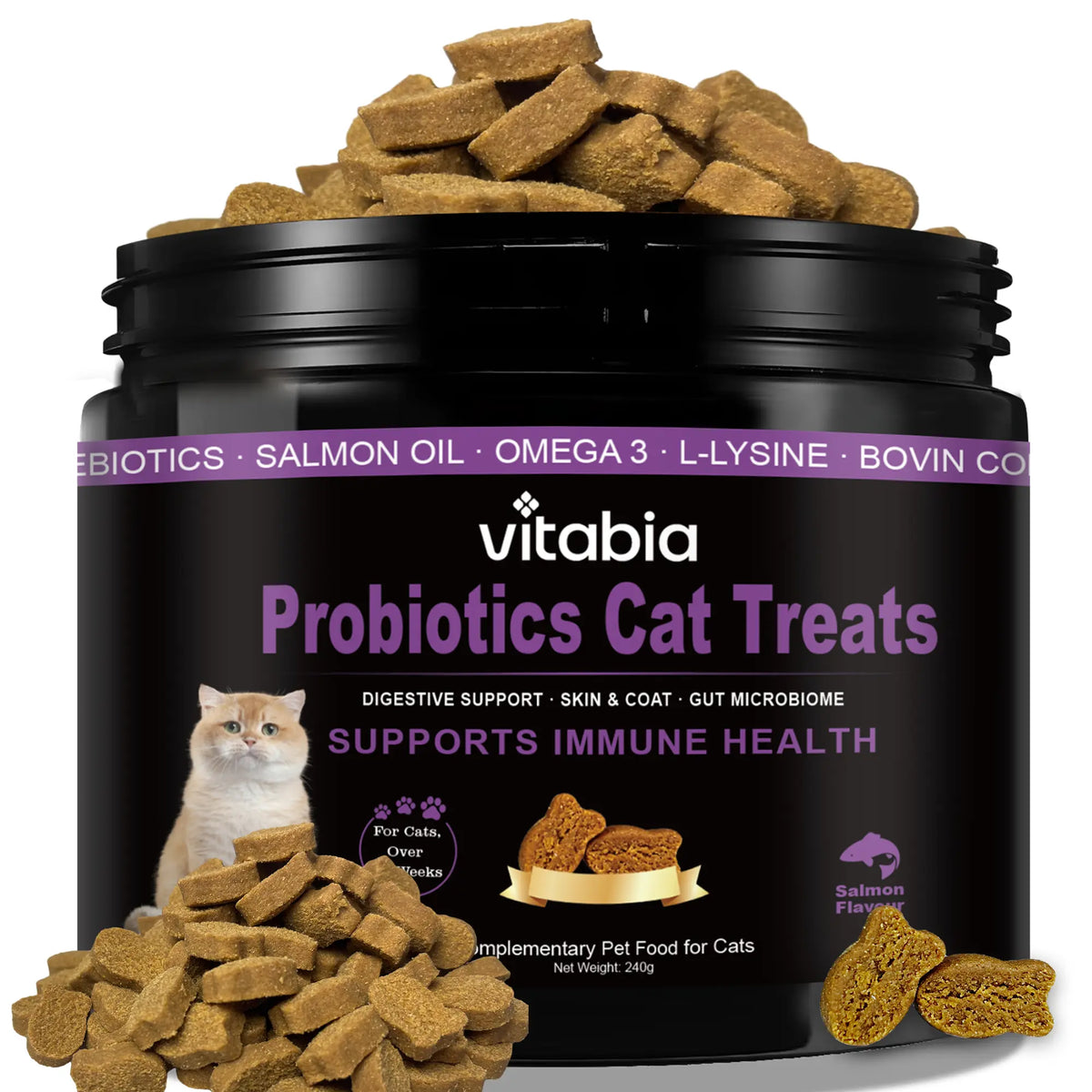 Probiotics for Cats with Lysine & Omega 3 – Skin, Coat, Digestive & Immune Support Soft Chews | Vitabia UK