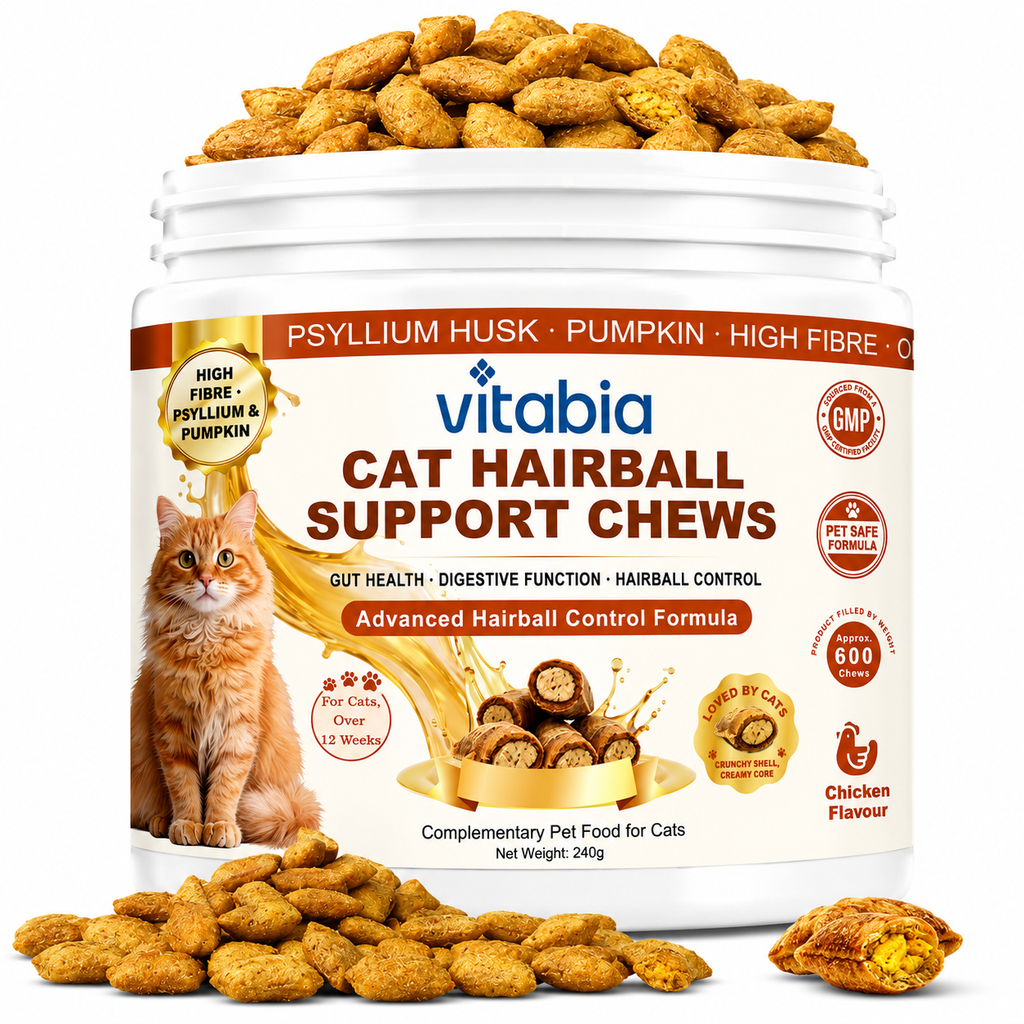 VITABIA Cat Hairball Support Chews | Psyllium Husk, Pumpkin & Omega-3 | Digestive & Gut Health Supplement for Cats | Chicken Flavour |
