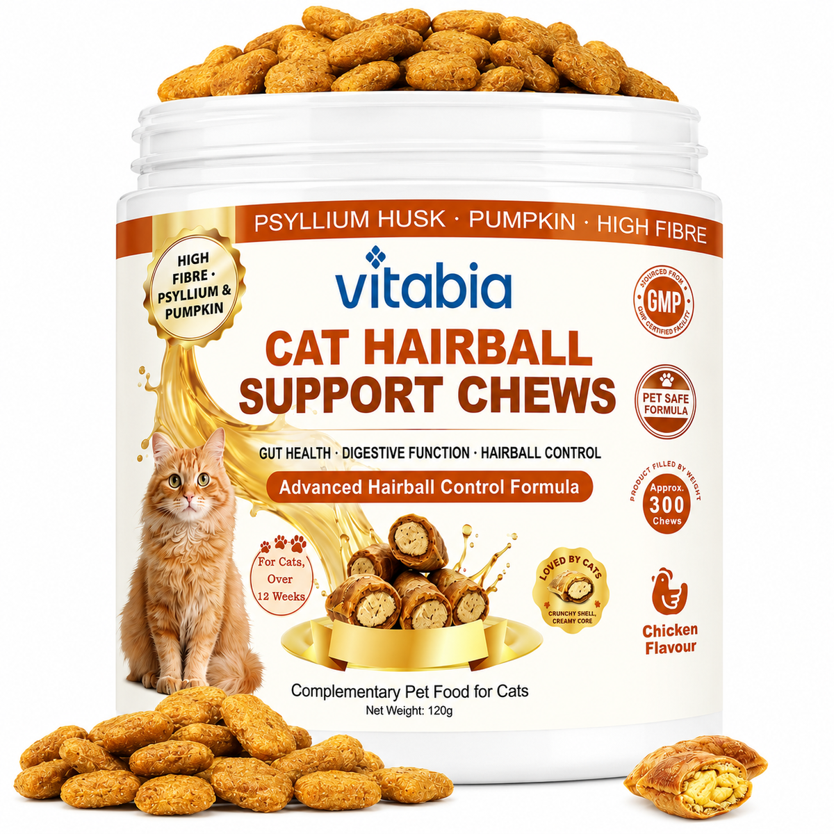 VITABIA Cat Hairball Support Chews | Psyllium Husk, Pumpkin & Omega-3 | Digestive & Gut Health Supplement for Cats | Chicken Flavour |