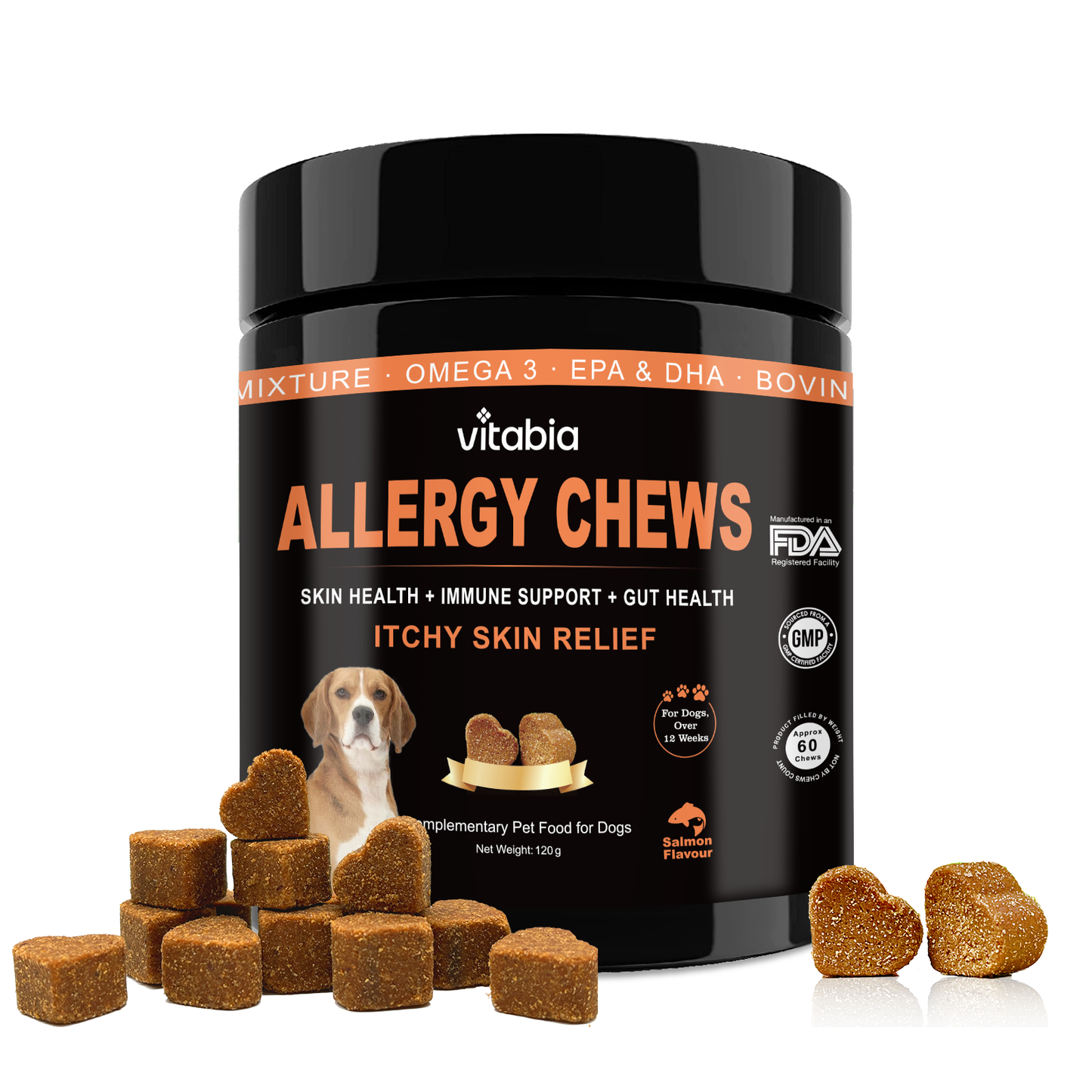 Dog Skin and Coat Support Chews – Omega 3 & Salmon Oil for Healthy Coat | Vitabia UK