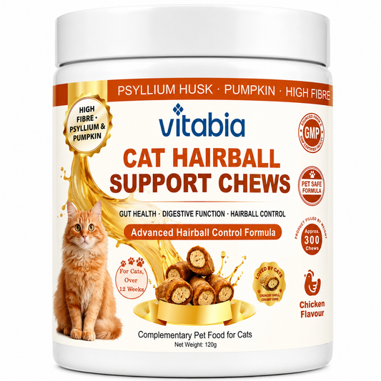 VITABIA Cat Hairball Support Chews | Psyllium Husk, Pumpkin & Omega-3 | Digestive & Gut Health Supplement for Cats | Chicken Flavour |