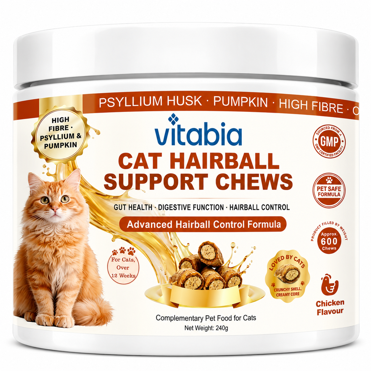 VITABIA Cat Hairball Support Chews | Psyllium Husk, Pumpkin & Omega-3 | Digestive & Gut Health Supplement for Cats | Chicken Flavour |