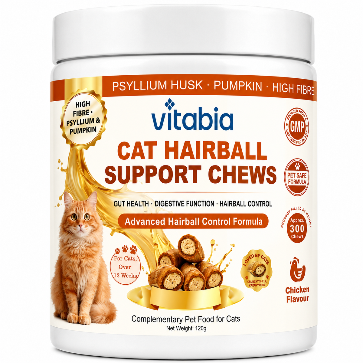VITABIA Cat Hairball Support Chews | Psyllium Husk, Pumpkin & Omega-3 | Digestive & Gut Health Supplement for Cats | Chicken Flavour |