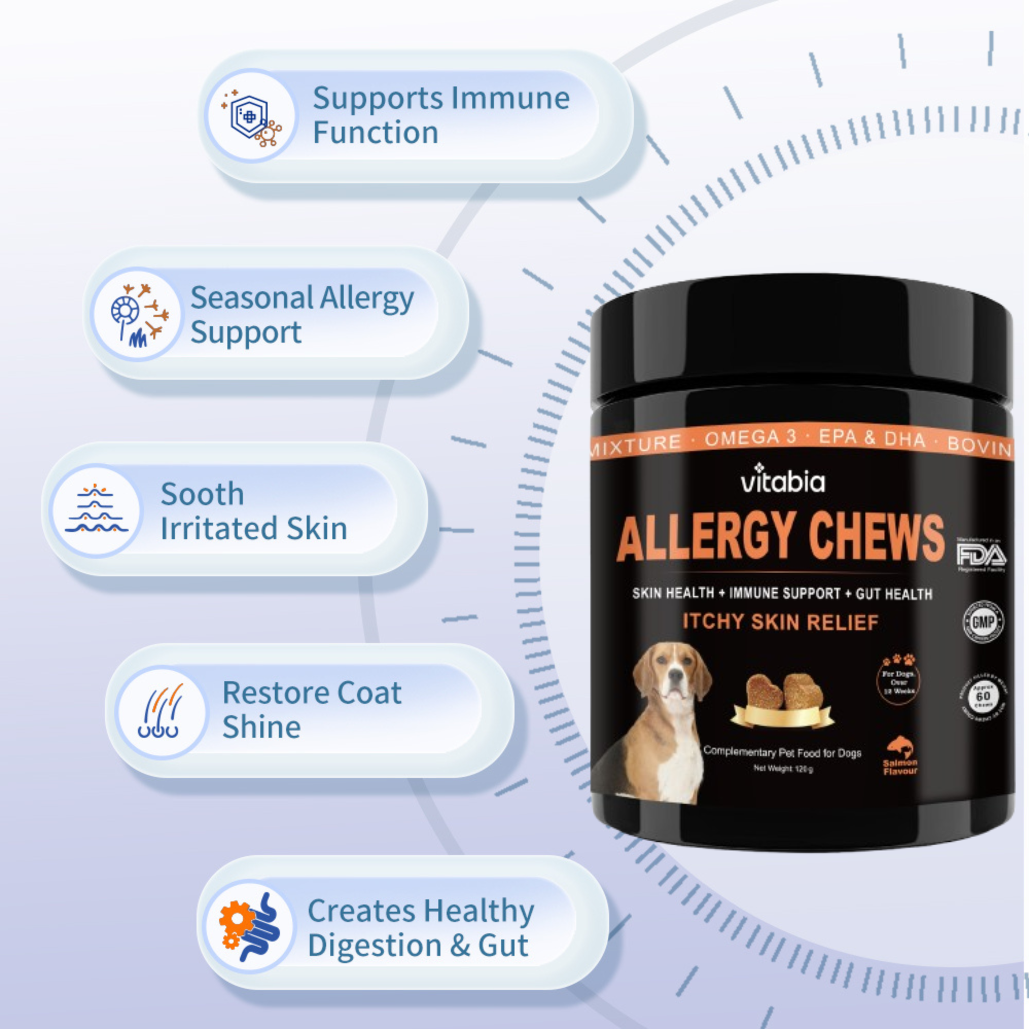 Dog Skin and Coat Support Chews – Omega 3 & Salmon Oil for Healthy Coat | Vitabia UK