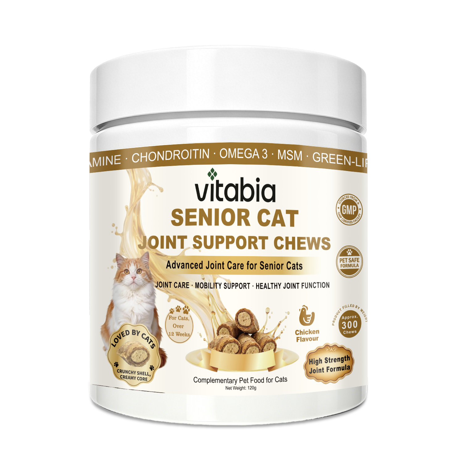 VITABIA Senior Cat Joint Support Chews | Glucosamine, Green-Lipped Mussel & Omega-3 | Chicken Flavour Crunchy Creamy Chews