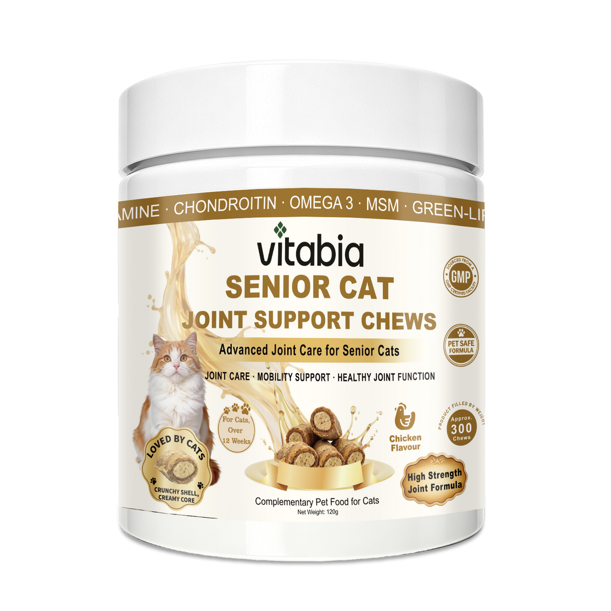 VITABIA Senior Cat Joint Support Chews | Glucosamine, Green-Lipped Mussel & Omega-3 | Chicken Flavour Crunchy Creamy Chews