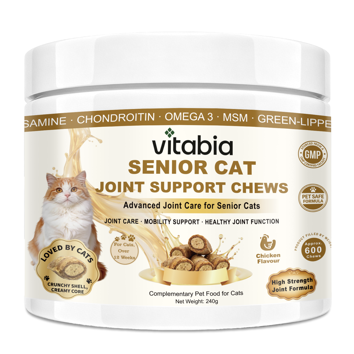 VITABIA Senior Cat Joint Support Chews | Glucosamine, Green-Lipped Mussel & Omega-3 | Chicken Flavour Crunchy Creamy Chews