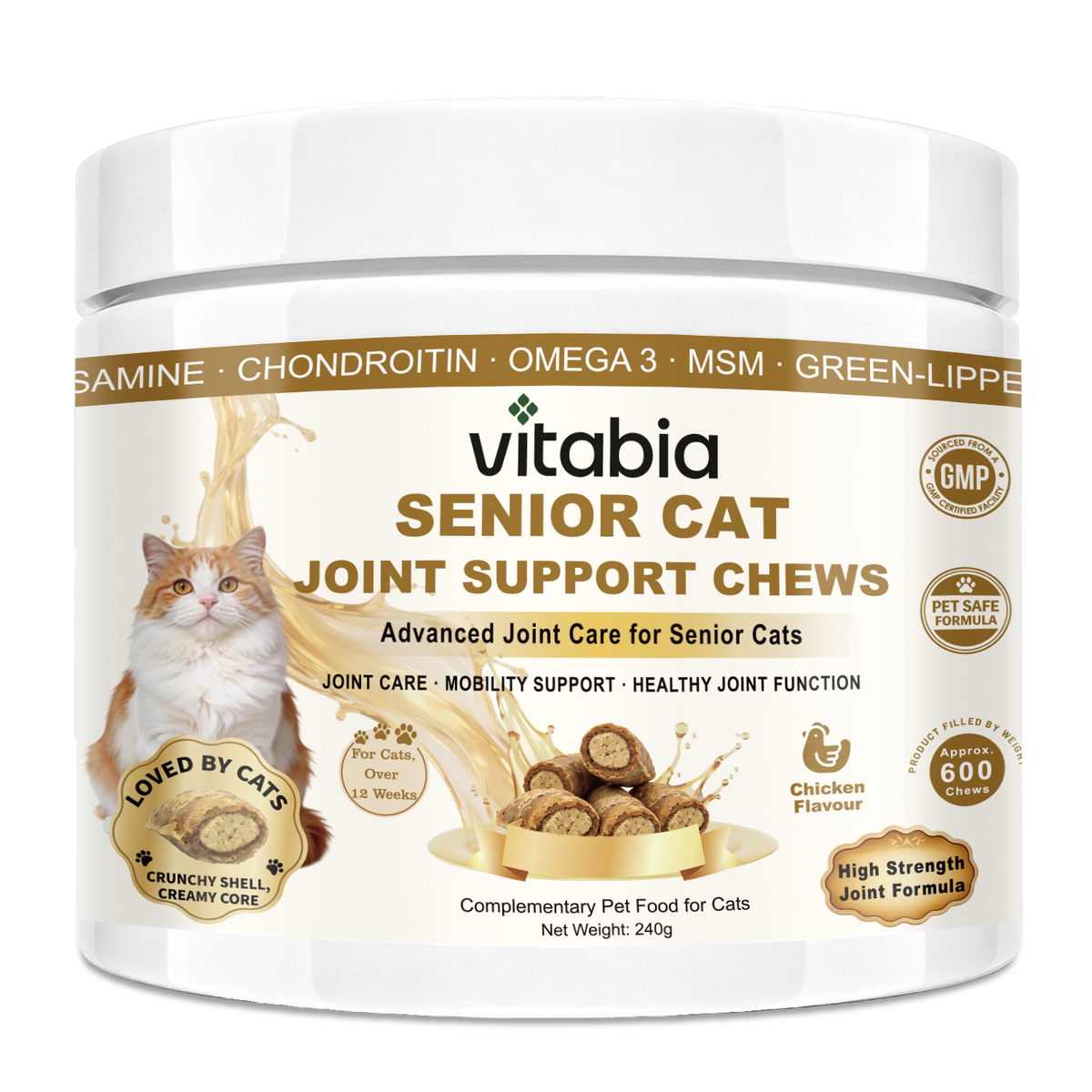 VITABIA Senior Cat Joint Support Chews | Glucosamine, Green-Lipped Mussel & Omega-3 | Chicken Flavour Crunchy Creamy Chews