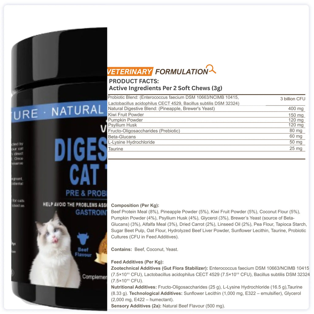 DigestiFibra Probiotics for Cats – Digestive Fibre Chews with Pumpkin & Prebiotics for Gut Health & Anal Gland Support | Vitabia UK