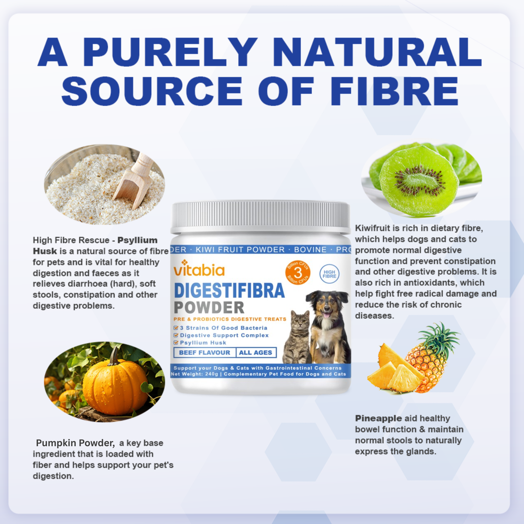 DigestiFibra Powder for Dogs & Cats – Natural Fibre Powder Supplement for Gut Health, Anal Glands & Scooting Relief – Prebiotic & Probiotic Digestive Treats – Fibre Supplement for Dogs & Cats