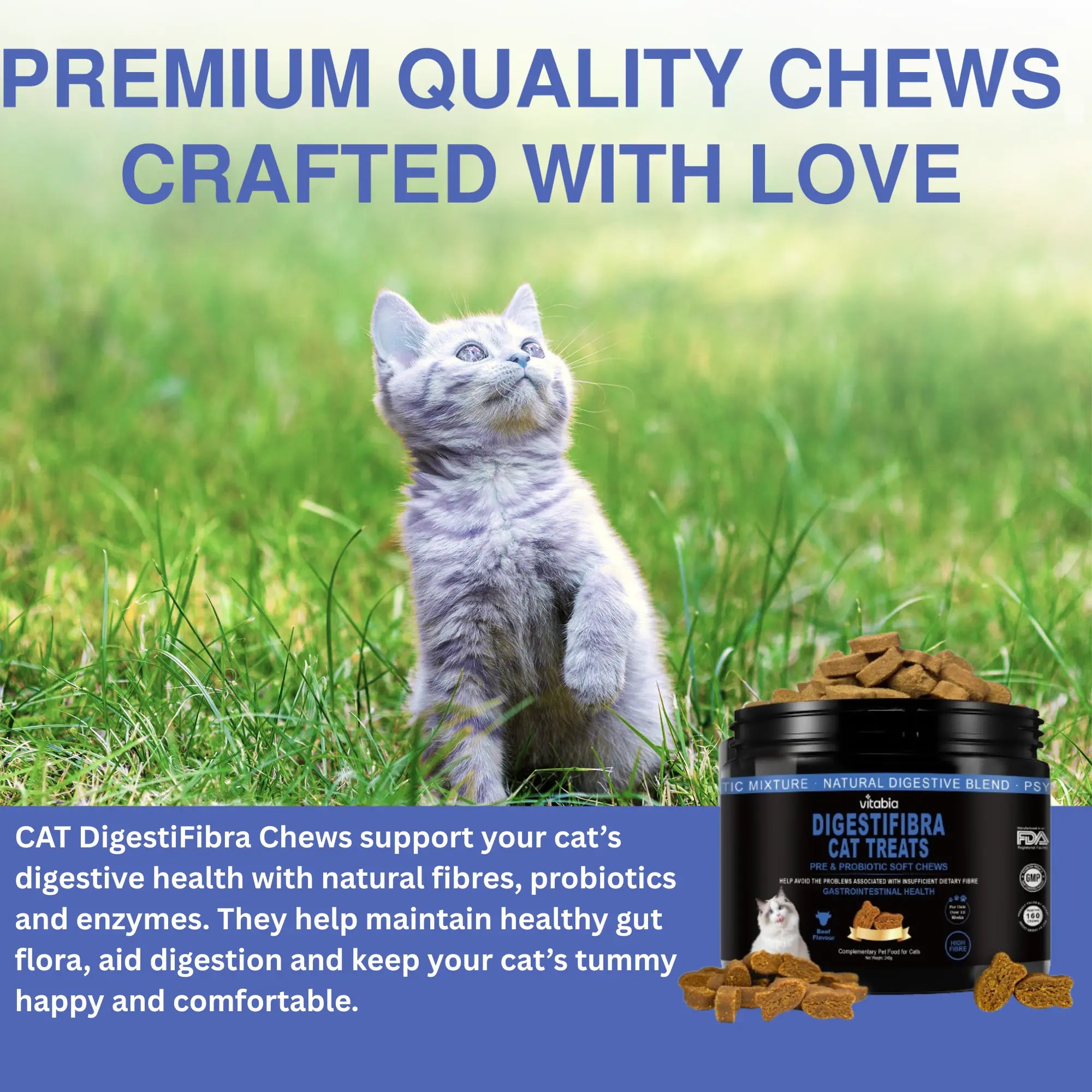 DigestiFibra Probiotics for Cats – Digestive Fibre Chews with Pumpkin & Prebiotics for Gut Health & Anal Gland Support | Vitabia UK