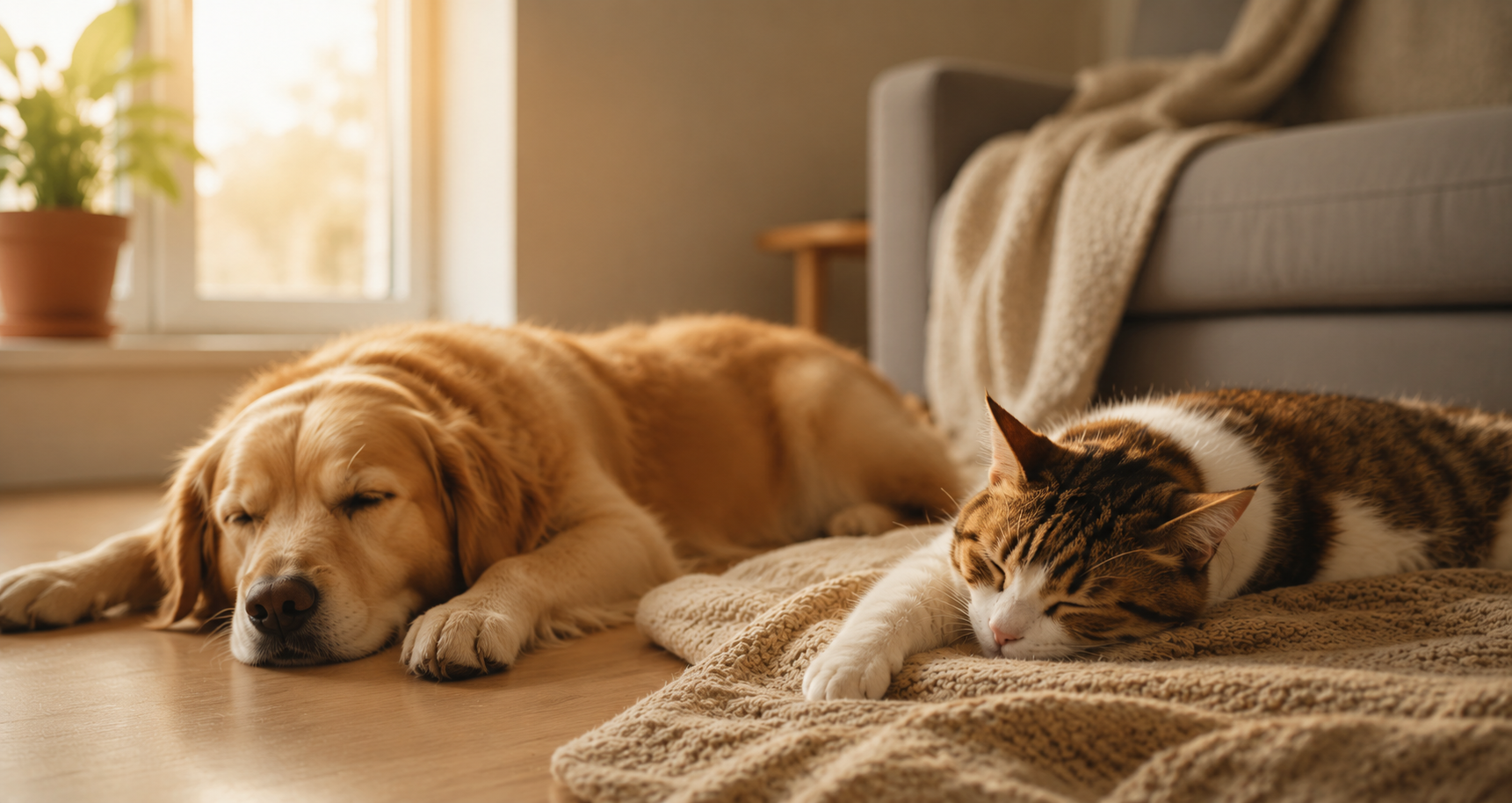 Blogs banner featuring a sleeping Golden Retriever and cat resting indoors | Vitabia UK
