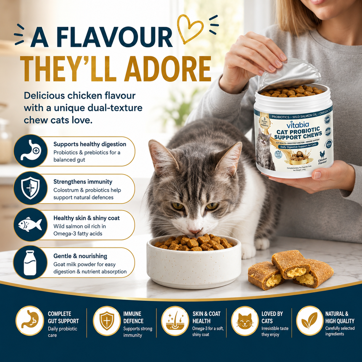 Chicken flavour Cat Probiotic Chews with crunchy shell and creamy centre for easy daily feeding