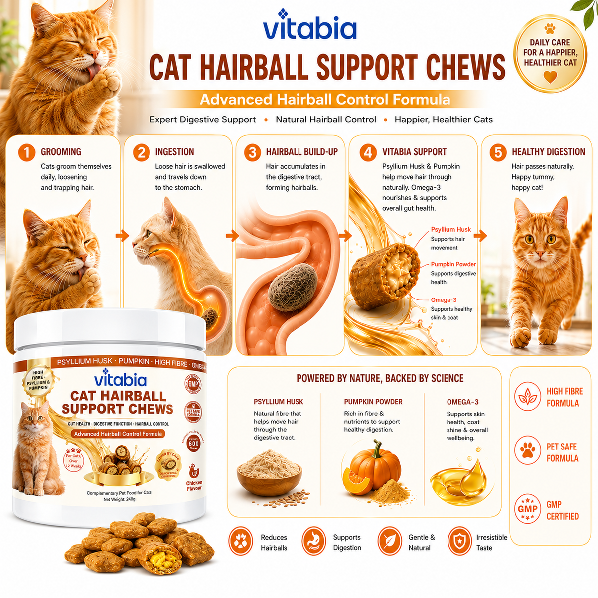 VITABIA Cat Hairball Support Chews | Psyllium Husk, Pumpkin & Omega-3 | Digestive & Gut Health Supplement for Cats | Chicken Flavour |