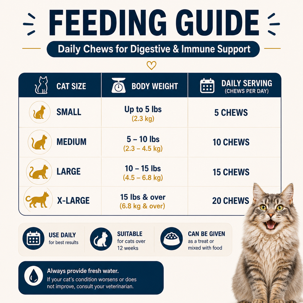 Cat Probiotic Chews feeding guide for kittens, adult cats and senior cats over 12 weeks