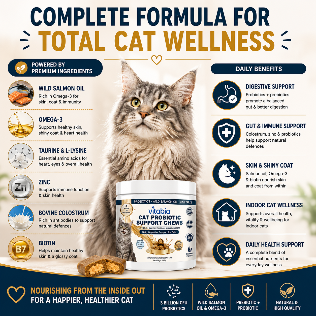 Cat Gut Health Supplement with Wild Salmon Oil, Taurine, Omega-3 and Prebiotics for Cats