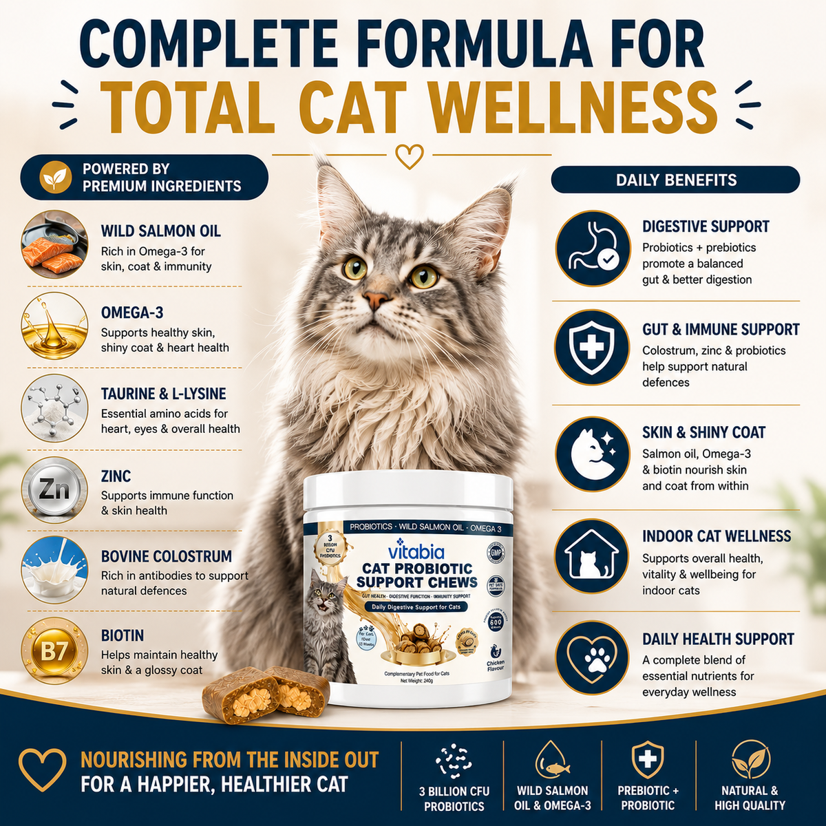 Cat Gut Health Supplement with Wild Salmon Oil, Taurine, Omega-3 and Prebiotics for Cats