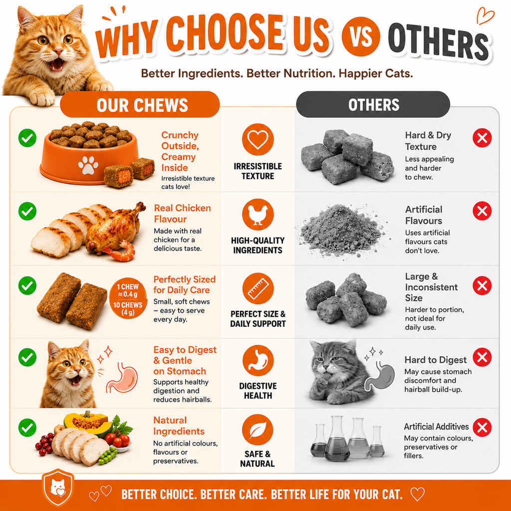 VITABIA Cat Hairball Support Chews | Psyllium Husk, Pumpkin & Omega-3 | Digestive & Gut Health Supplement for Cats | Chicken Flavour |