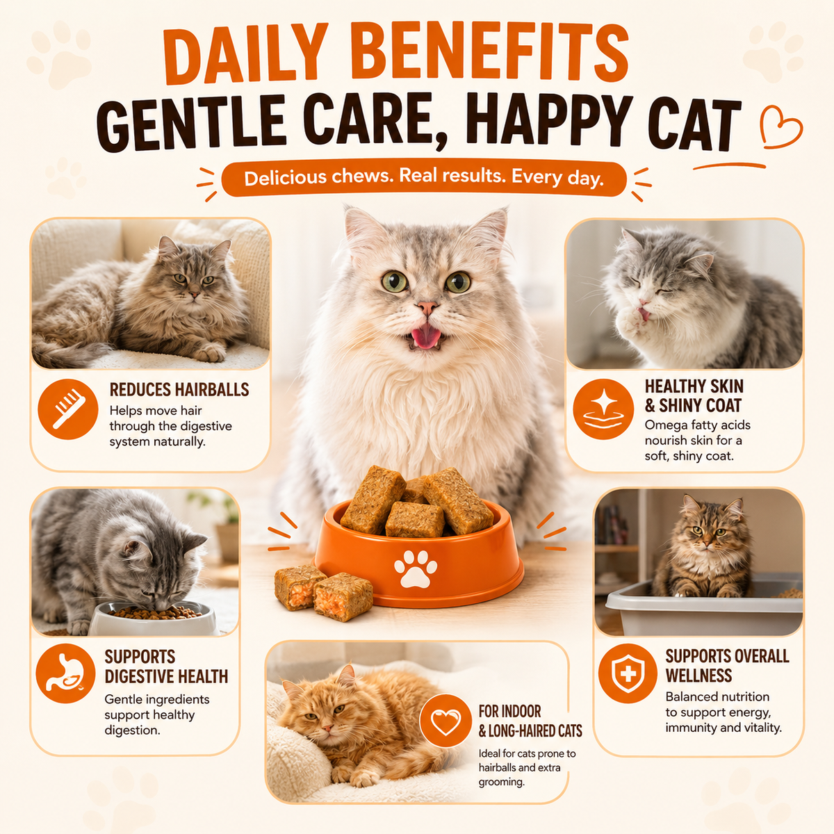 VITABIA Cat Hairball Support Chews | Psyllium Husk, Pumpkin & Omega-3 | Digestive & Gut Health Supplement for Cats | Chicken Flavour |