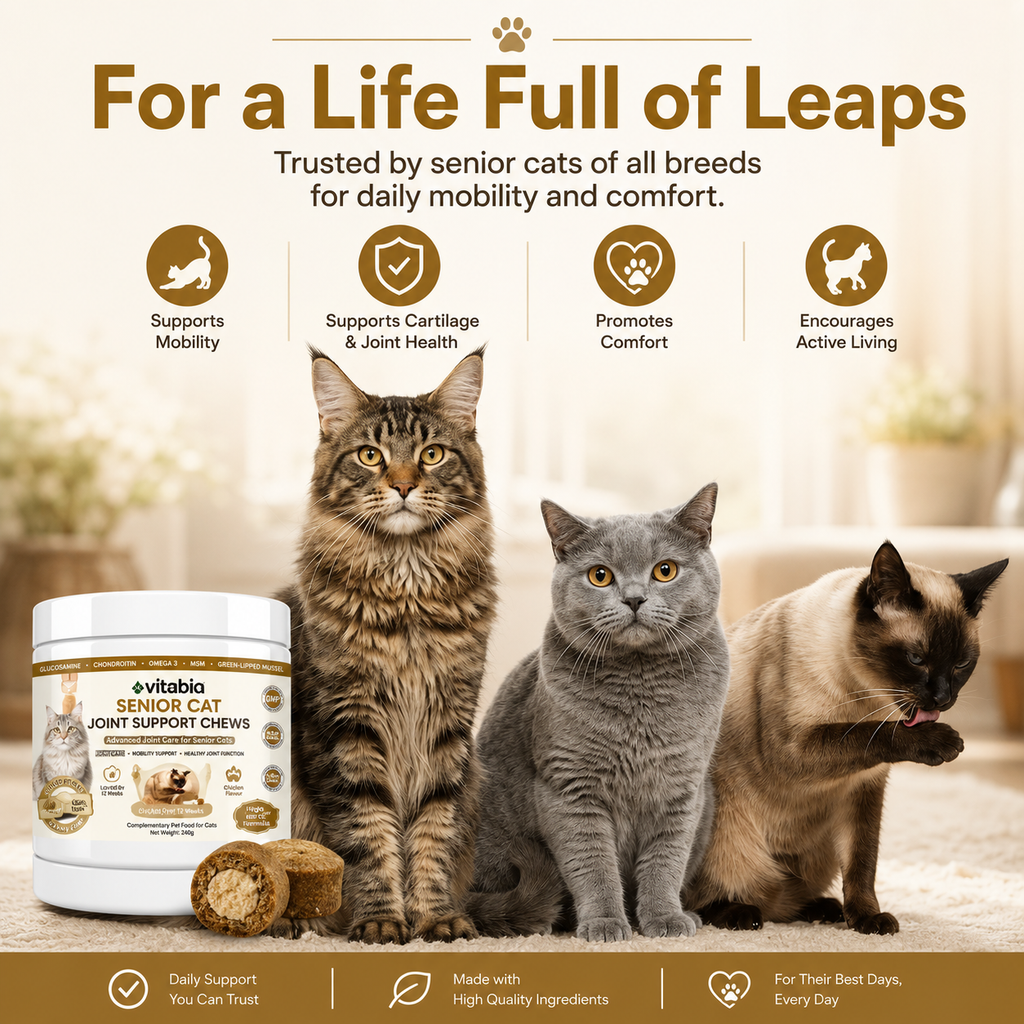 VITABIA Senior Cat Joint Support Chews | Glucosamine, Green-Lipped Mussel & Omega-3 | Chicken Flavour Crunchy Creamy Chews