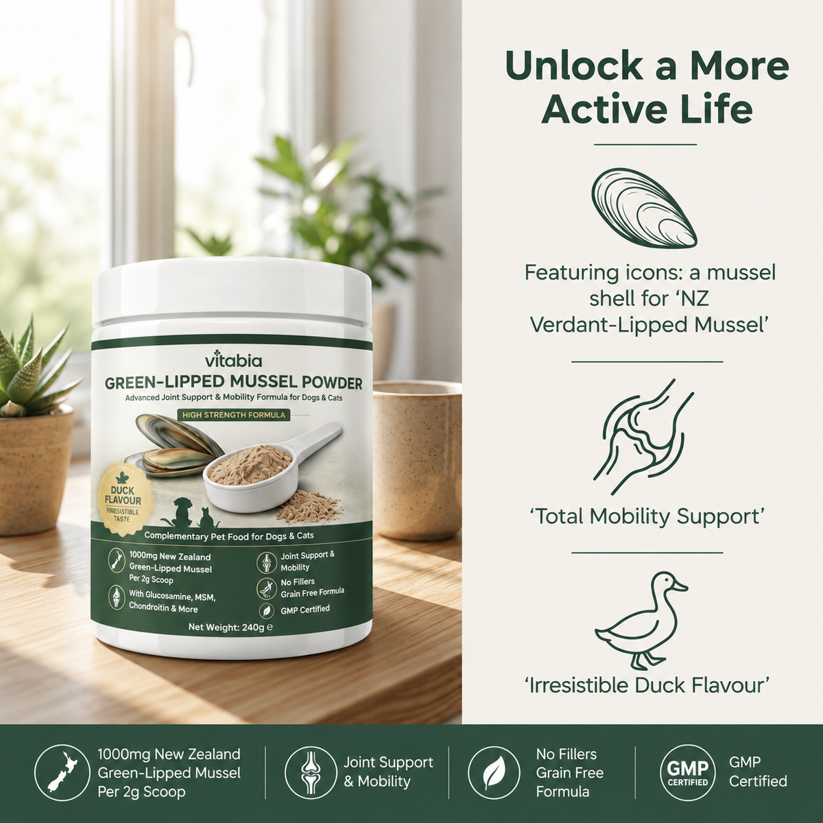Green Lipped Mussel Powder for Dogs & Cats | 1000mg New Zealand Green-Lipped Mussel | 10-in-1 Joint Support Food Topper | 120g