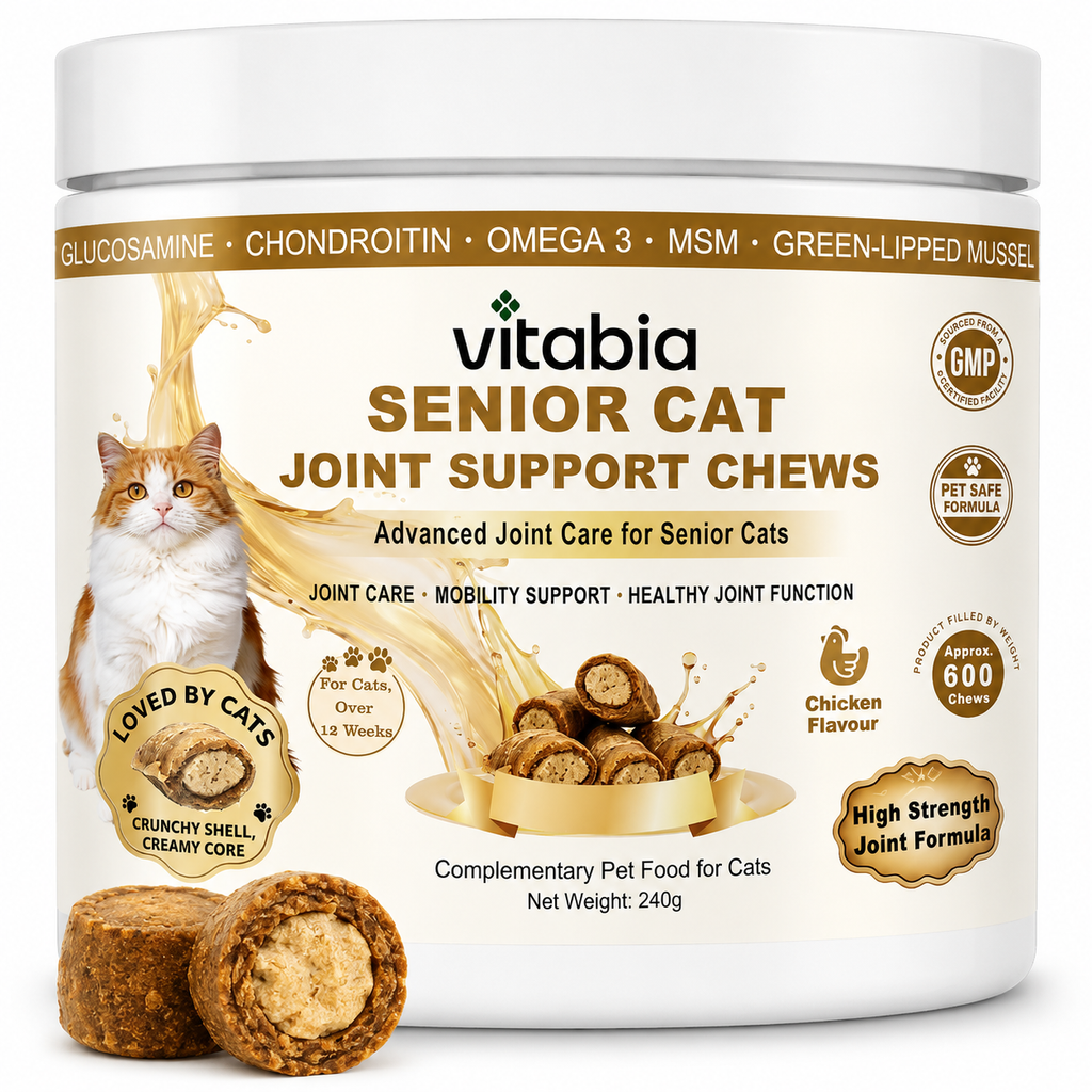 VITABIA Senior Cat Joint Support Chews | Glucosamine, Green-Lipped Mussel & Omega-3 | Chicken Flavour Crunchy Creamy Chews