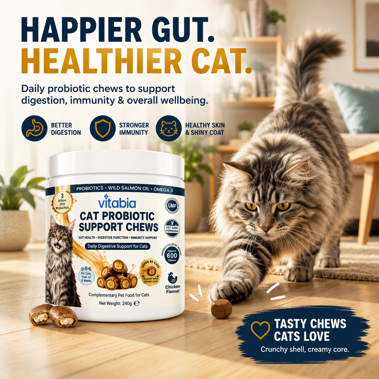 Daily Cat Probiotic Supplement supporting digestive health, immune function and healthy skin and coat