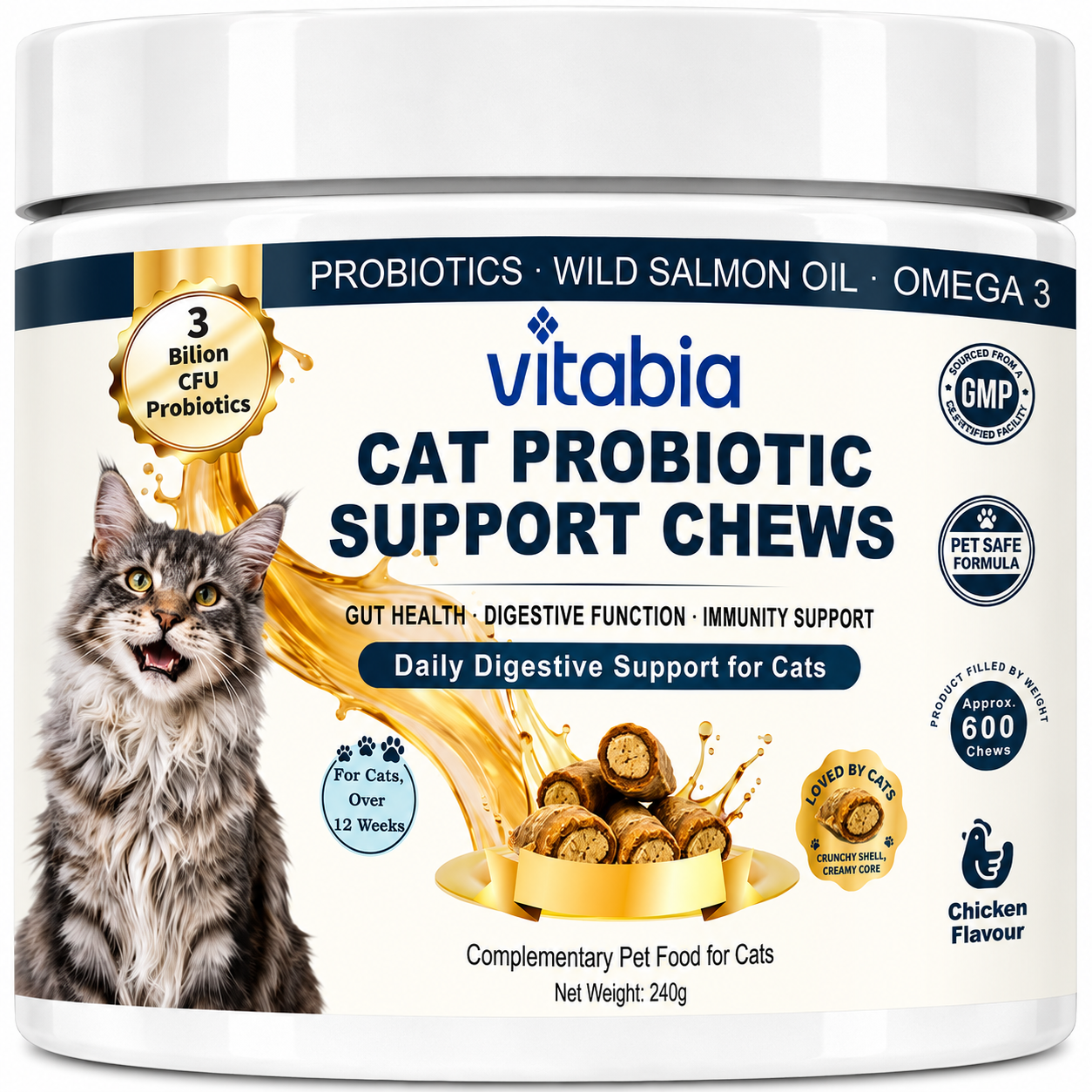 Vitabia Cat Probiotics & Prebiotics Chews 3 Billion CFU for Gut Health & Digestive Support