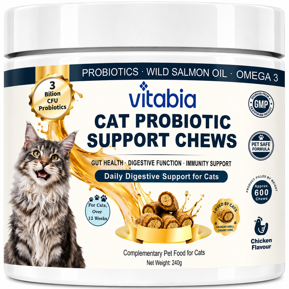 Vitabia Cat Probiotics & Prebiotics Chews 3 Billion CFU for Gut Health & Digestive Support