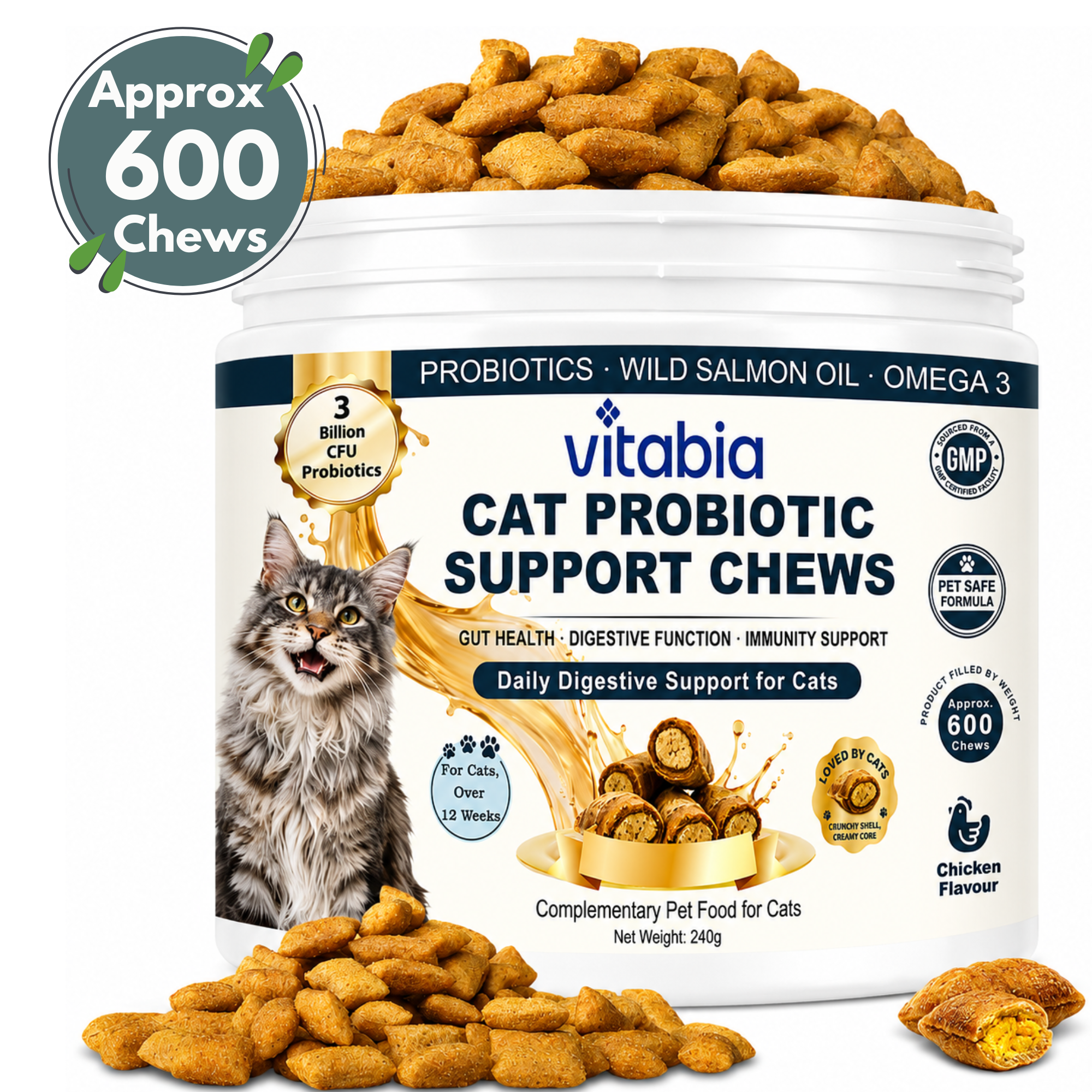 Cat Probiotics & Prebiotics Crunchy Creamy Chews | 3 Billion CFU Gut Health & Digestive Support for Cats