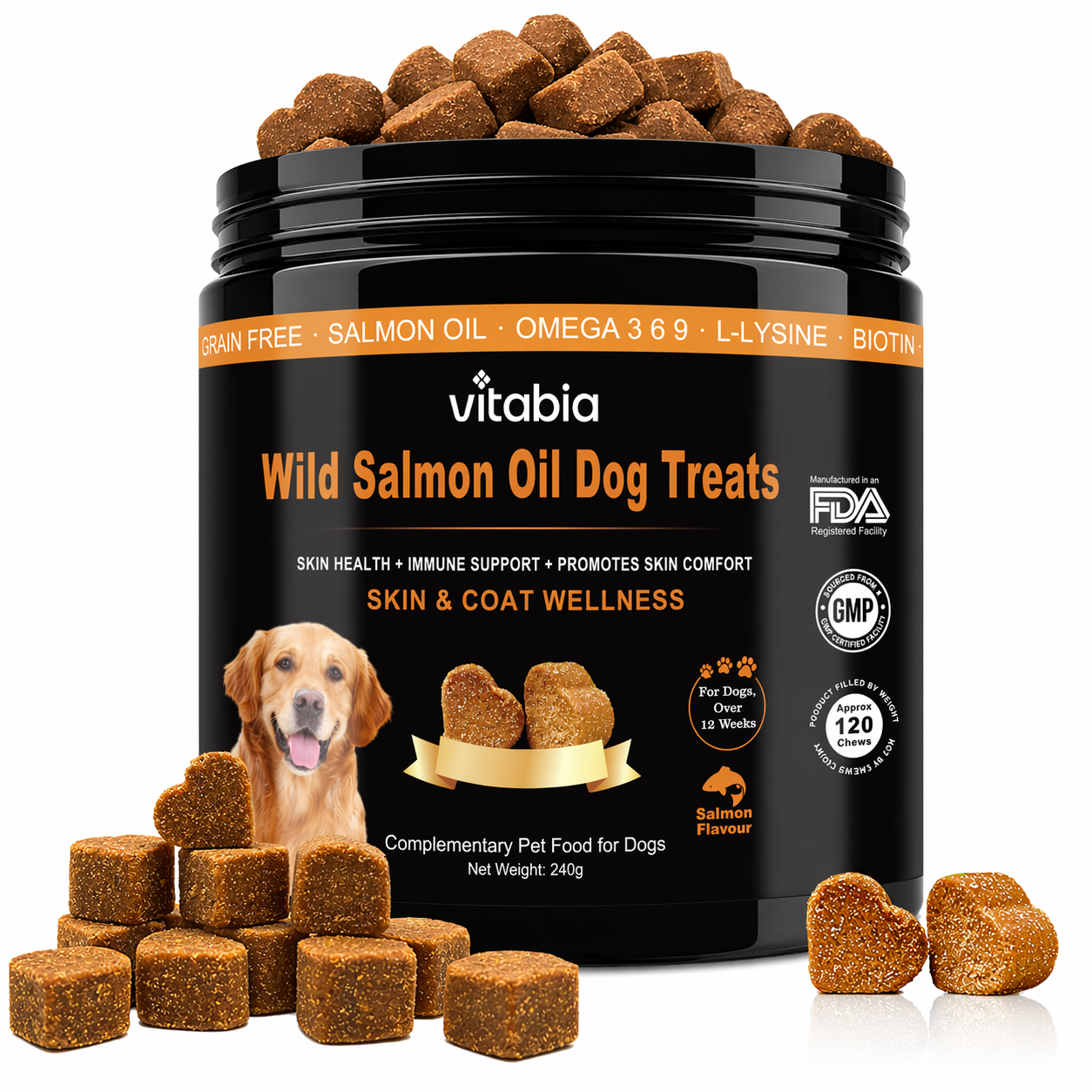 Salmon Oil Chews for Dogs – Omega 3, 6 & 9 Skin, Coat & Immune Support with Probiotics | Vitabia UK