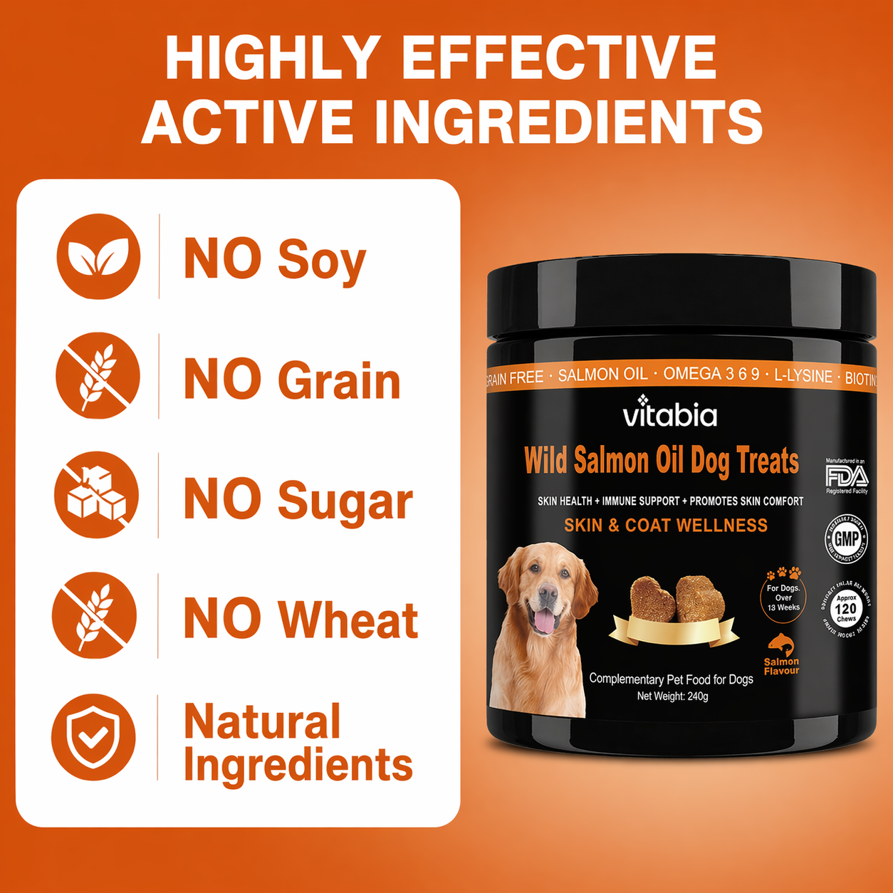 Salmon Oil Chews for Dogs – Omega 3, 6 & 9 Skin, Coat & Immune Support with Probiotics | Vitabia UK