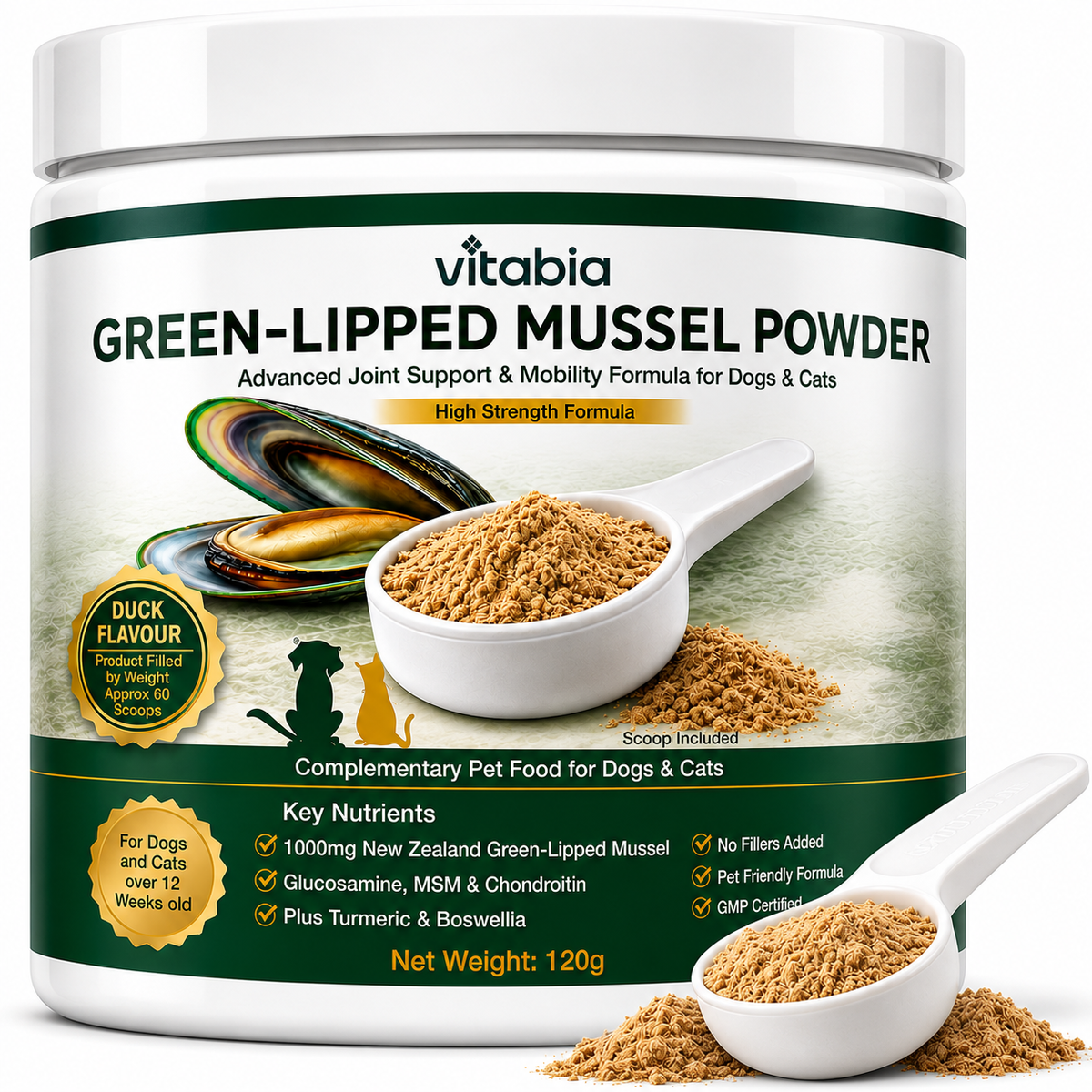 Green Lipped Mussel Powder for Dogs & Cats | 1000mg New Zealand Green-Lipped Mussel | 10-in-1 Joint Support Food Topper | 120g