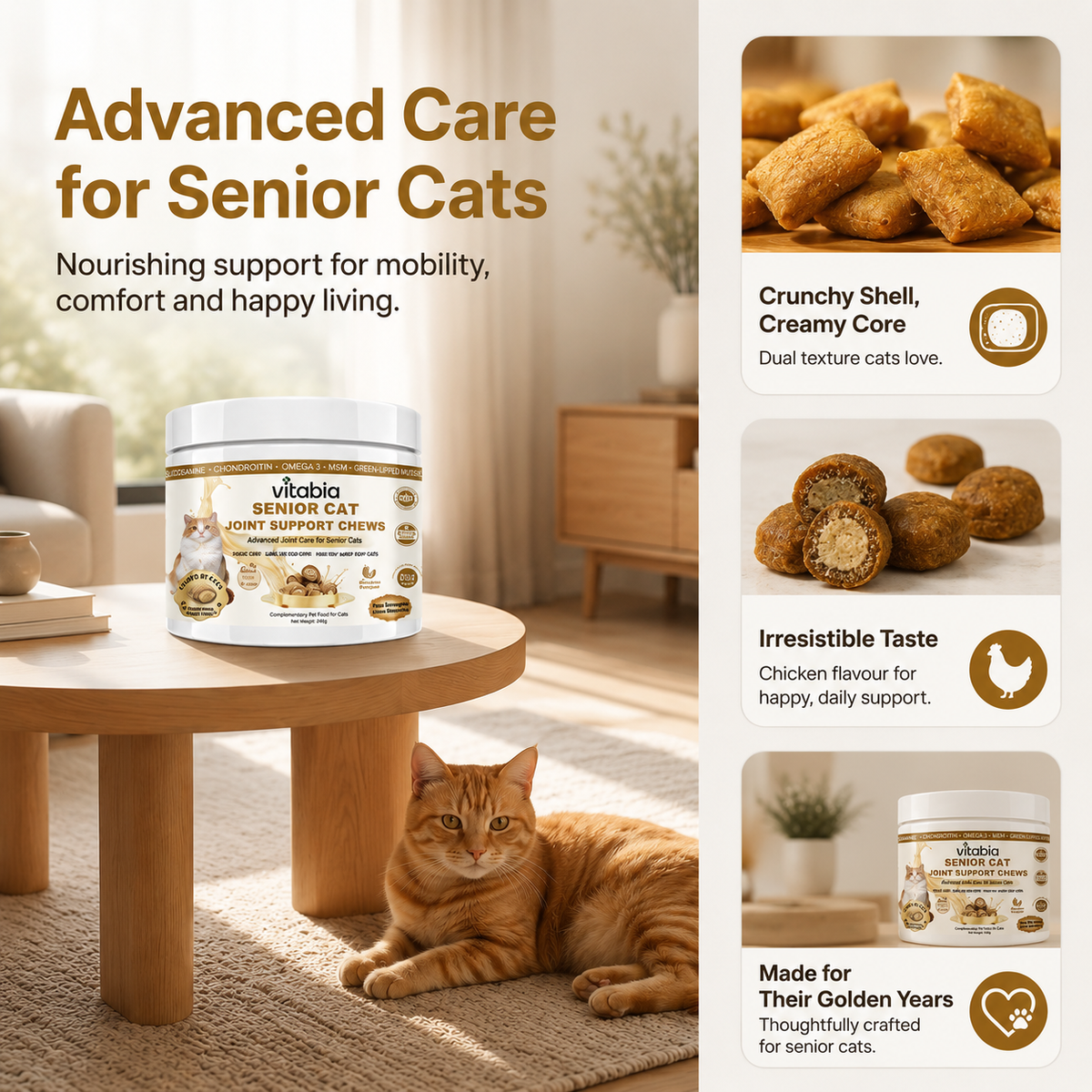 VITABIA Senior Cat Joint Support Chews | Glucosamine, Green-Lipped Mussel & Omega-3 | Chicken Flavour Crunchy Creamy Chews