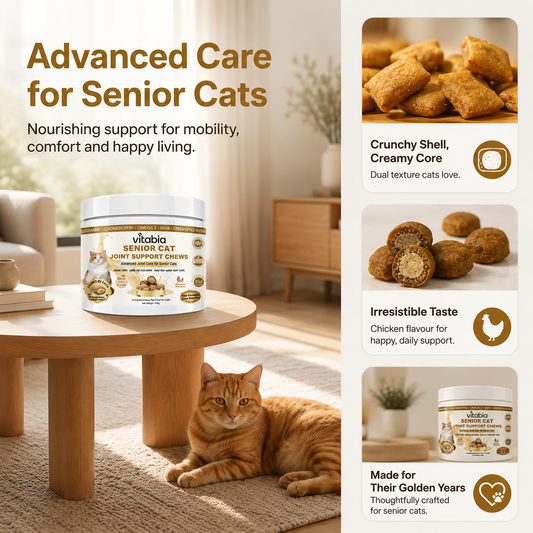 VITABIA Senior Cat Joint Support Chews | Glucosamine, Green-Lipped Mussel & Omega-3 | Chicken Flavour Crunchy Creamy Chews