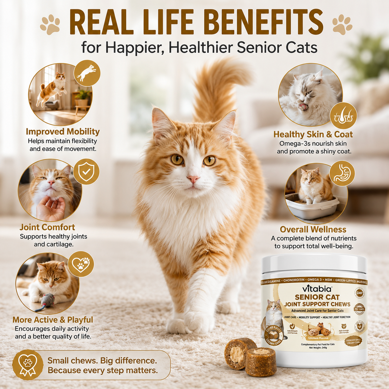 VITABIA Senior Cat Joint Support Chews | Glucosamine, Green-Lipped Mussel & Omega-3 | Chicken Flavour Crunchy Creamy Chews