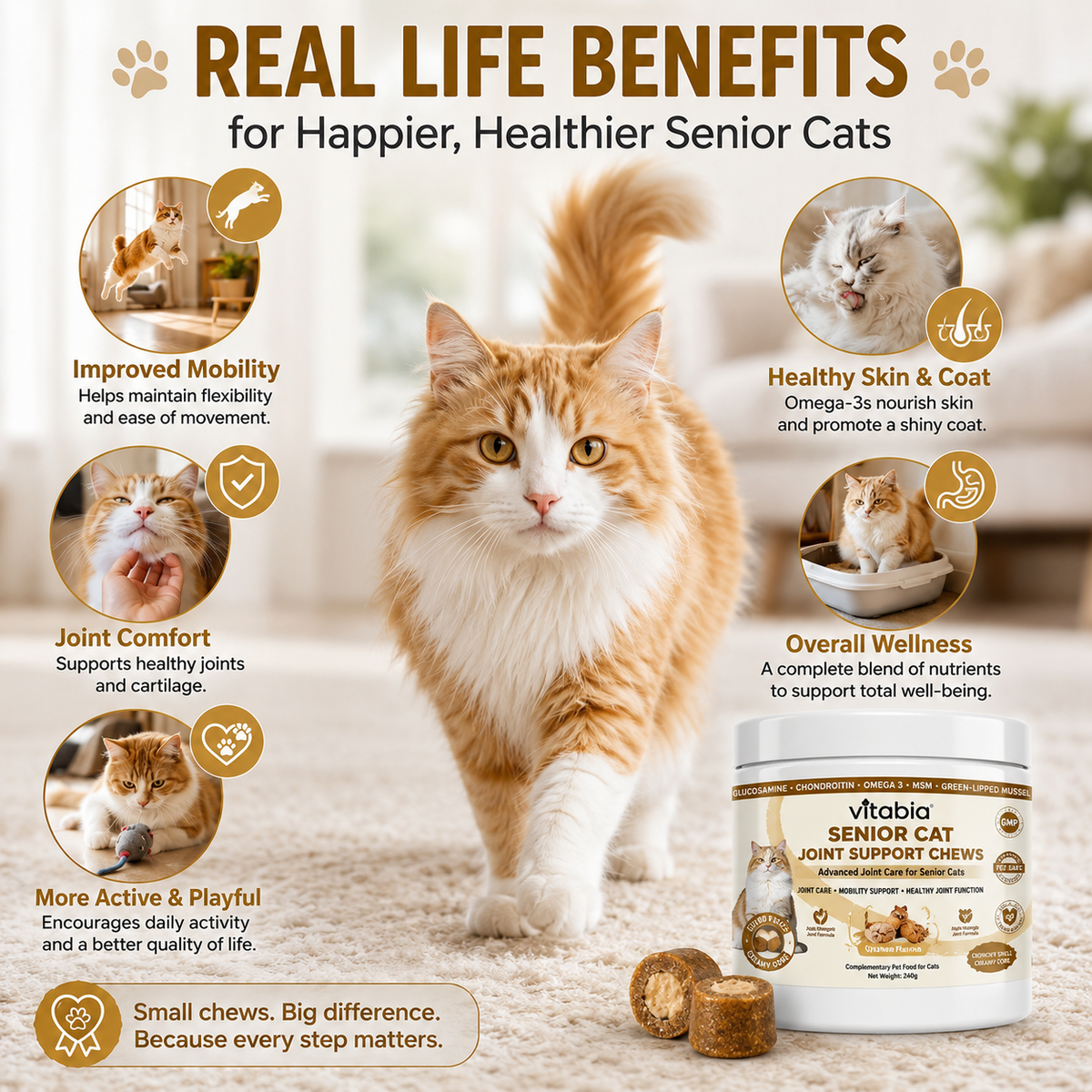 VITABIA Senior Cat Joint Support Chews | Glucosamine, Green-Lipped Mussel & Omega-3 | Chicken Flavour Crunchy Creamy Chews