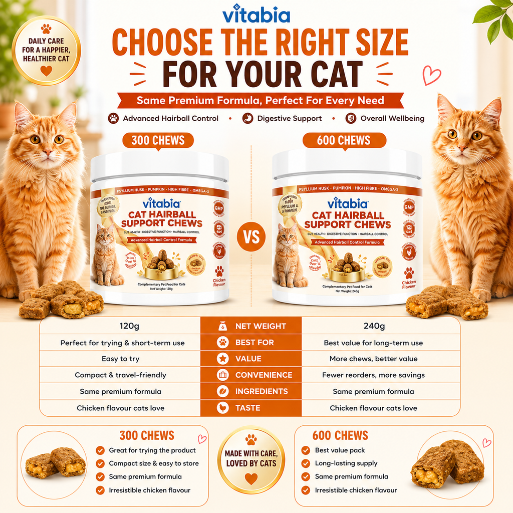 VITABIA Cat Hairball Support Chews | Psyllium Husk, Pumpkin & Omega-3 | Digestive & Gut Health Supplement for Cats | Chicken Flavour |