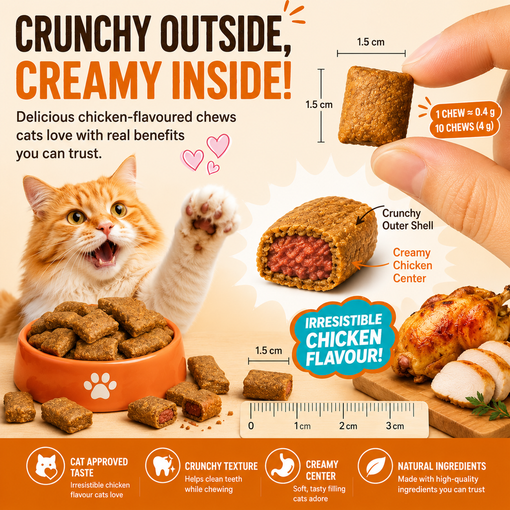 VITABIA Cat Hairball Support Chews | Psyllium Husk, Pumpkin & Omega-3 | Digestive & Gut Health Supplement for Cats | Chicken Flavour |