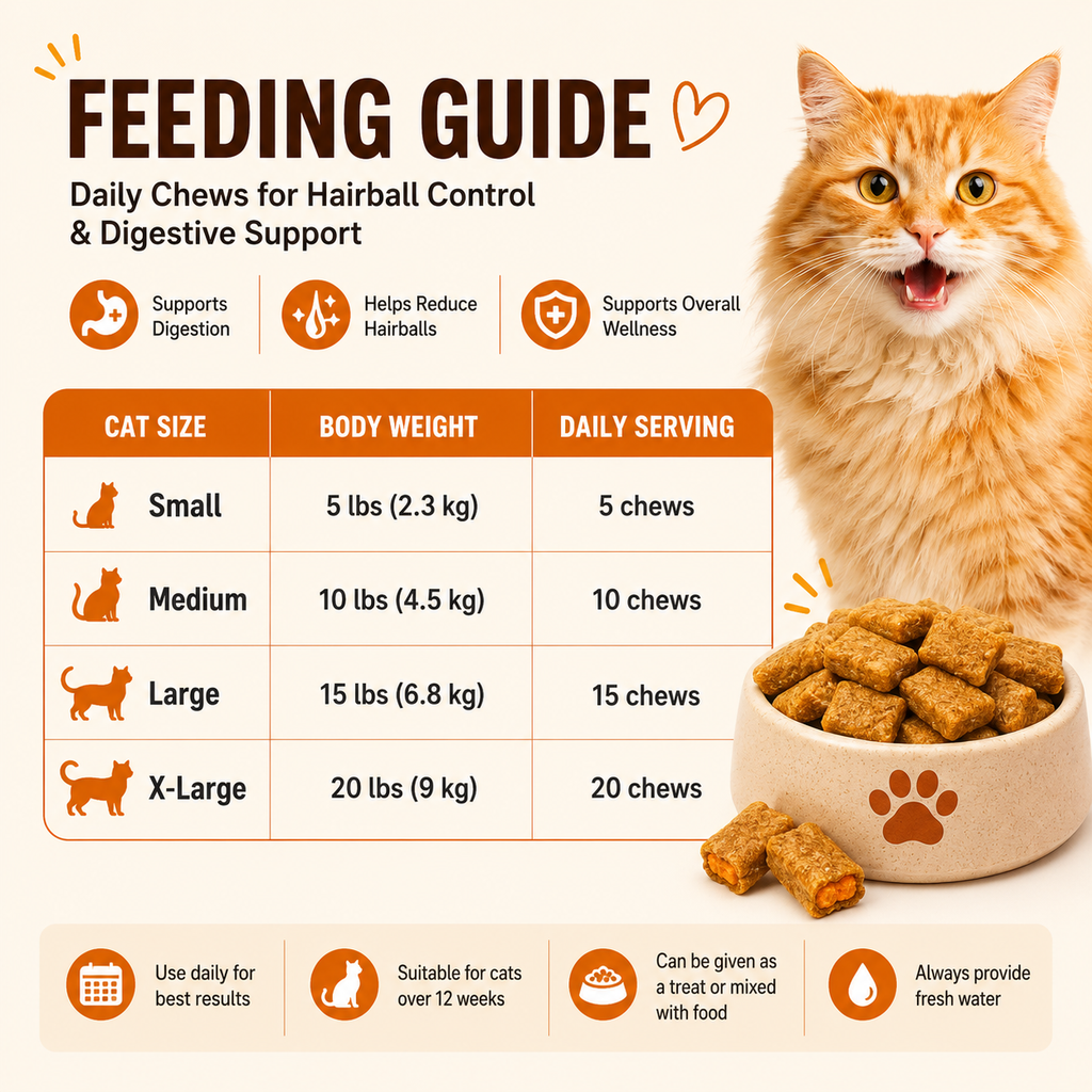 VITABIA Cat Hairball Support Chews | Psyllium Husk, Pumpkin & Omega-3 | Digestive & Gut Health Supplement for Cats | Chicken Flavour |