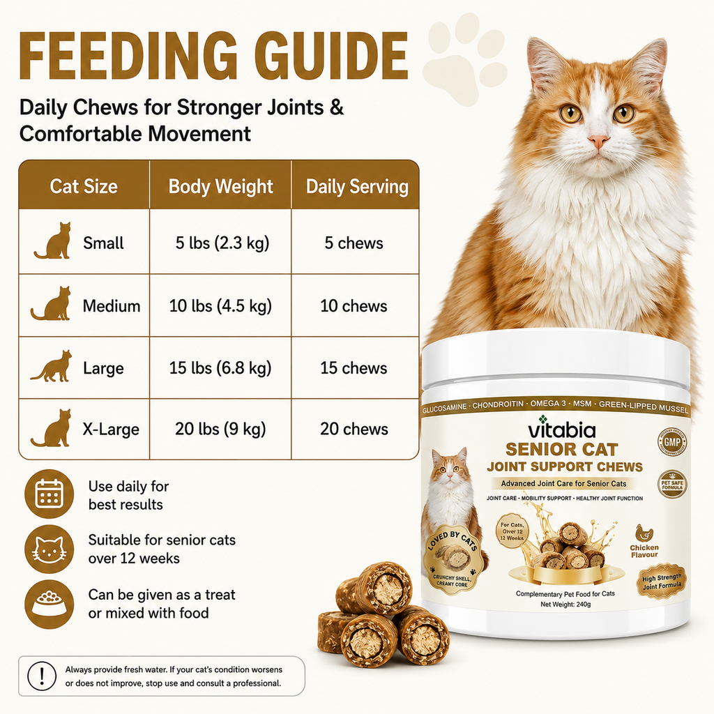 VITABIA Senior Cat Joint Support Chews | Glucosamine, Green-Lipped Mussel & Omega-3 | Chicken Flavour Crunchy Creamy Chews