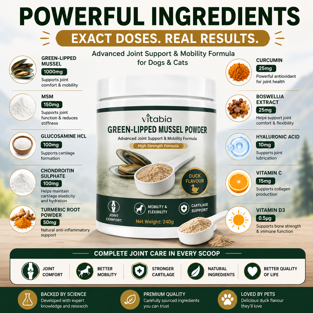 Green Lipped Mussel Powder for Dogs & Cats | 1000mg New Zealand Green-Lipped Mussel | 10-in-1 Joint Support Food Topper | 120g