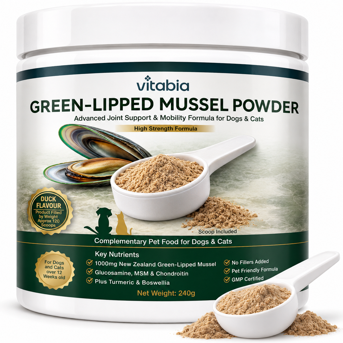 Green Lipped Mussel Powder for Dogs & Cats | 1000mg New Zealand Green-Lipped Mussel | 10-in-1 Joint Support Food Topper | 120g
