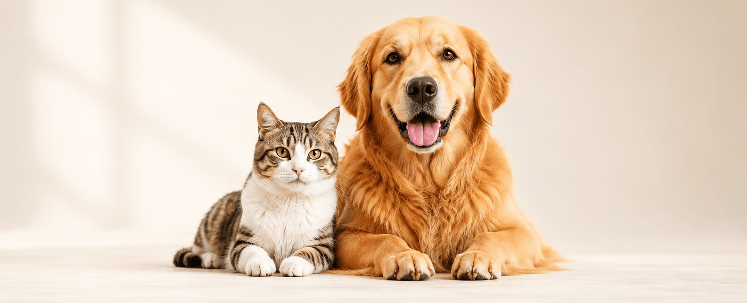 A golden retriever dog and a tabby and white cat sit side by side on a warm beige studio floor against a matching background.